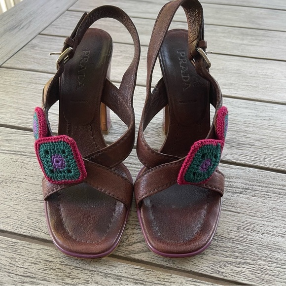 Prada Authentic Crochet Accent Brown & Purple Leather Heels Womens Size 37 - Picture 3 of 11